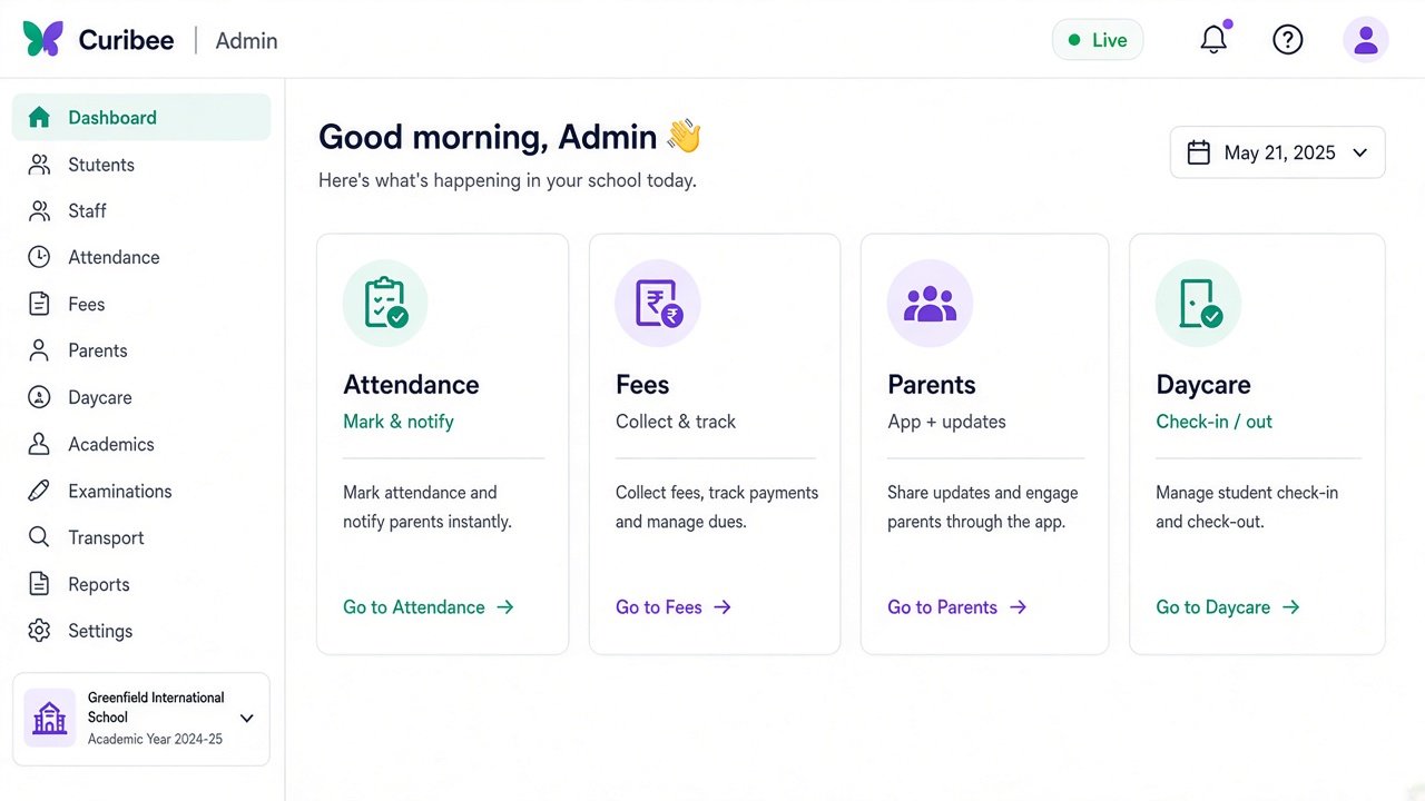 Curibee school ERP admin — attendance, fees, parents and daycare